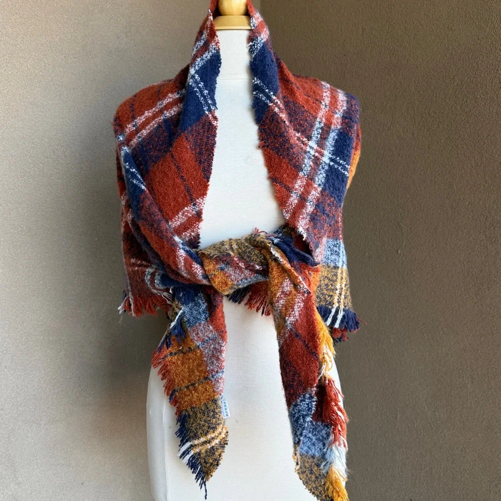 Plaid Fringe Shawl/Blanket scarf in earth tone rust, navy and gold